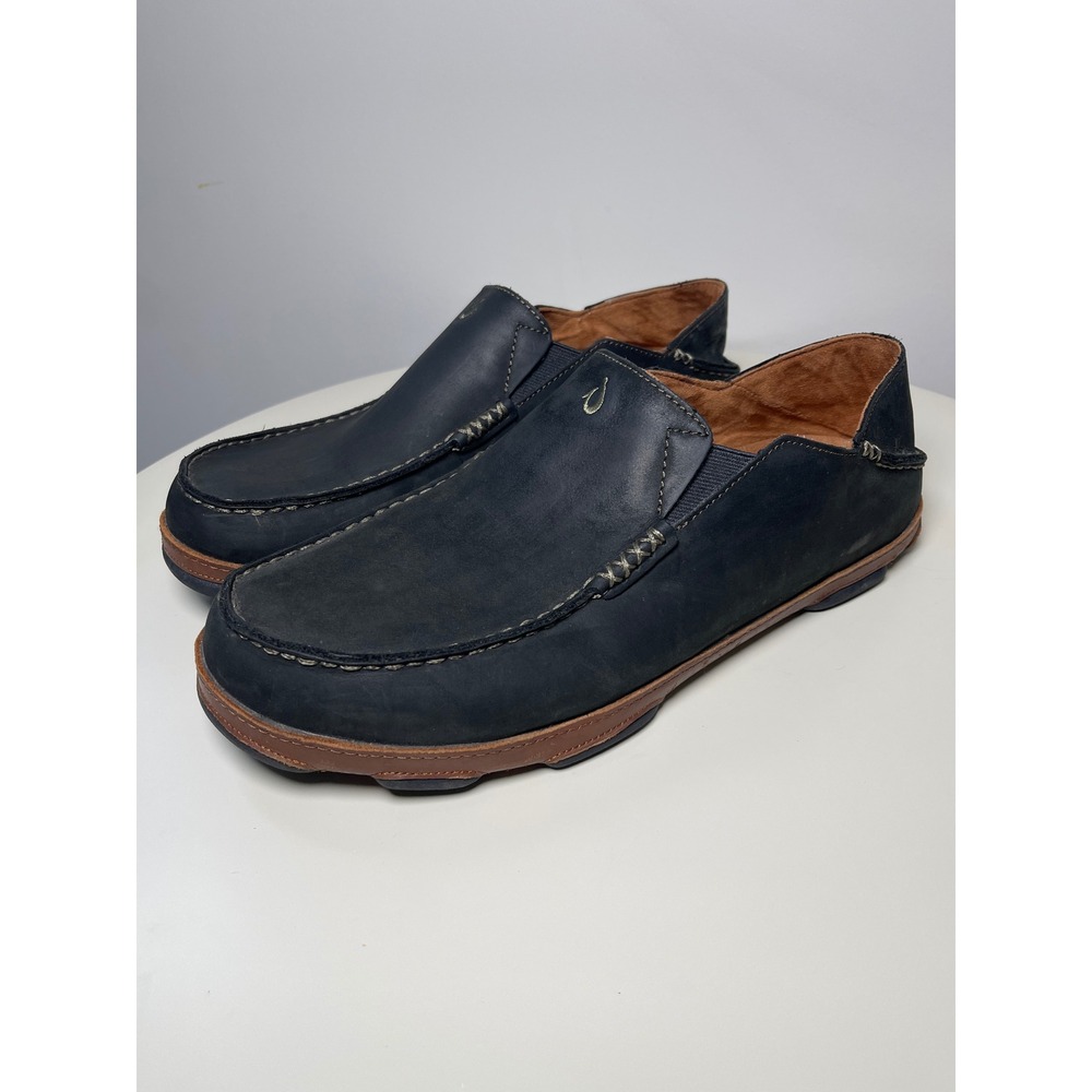 OluKai Moloa Mens Nubuck Leather Loafers Black Slip On Shoes 13 Preppy Office